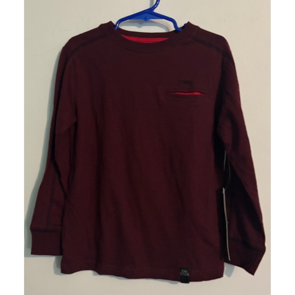 NWT DKNY Boys‎ 5T Long Sleeve Crew Neckline Burgundy Pocket Tee Red Accents